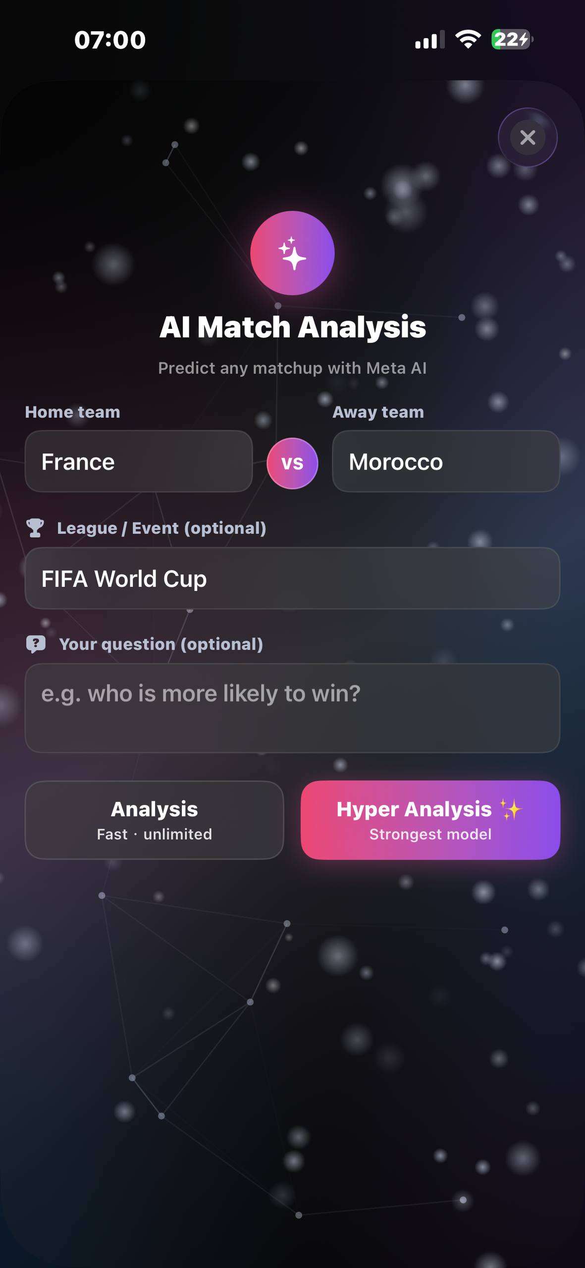 AI Match Analysis — predict any matchup with Meta AI