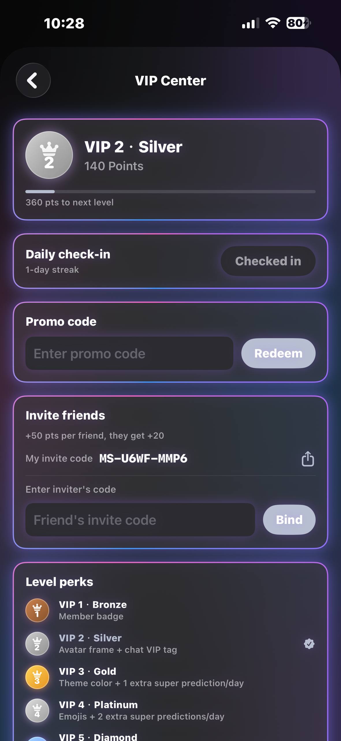 VIP Center — points, levels and rewards